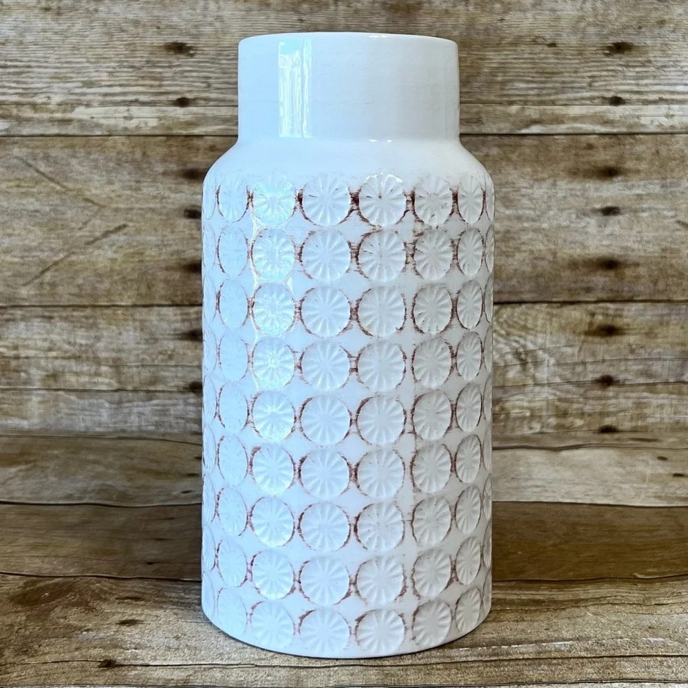 FTD White Ceramic Textured Medallion Vase Distressed Boho Farmhouse Decor 8 Inch